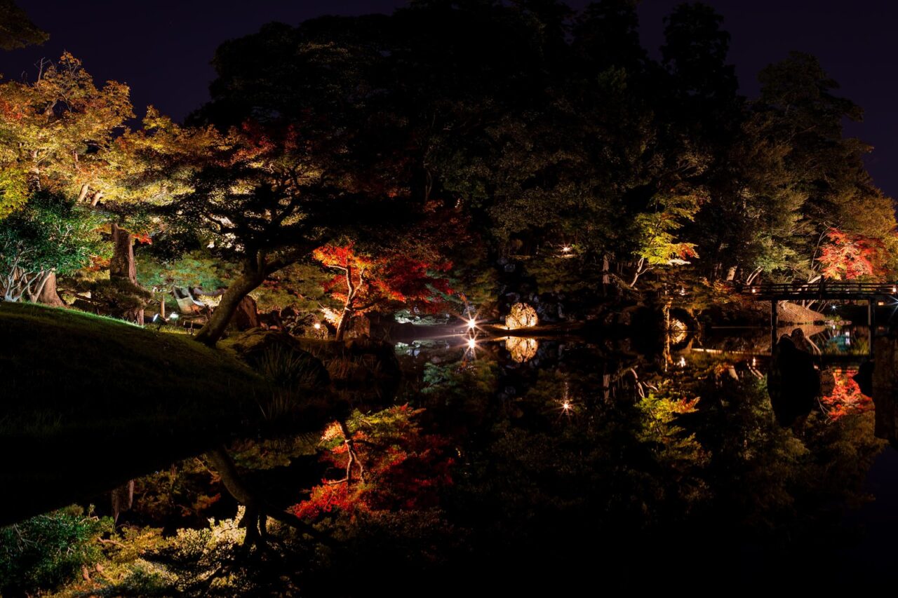 色づいた木々がライトアップされ静かな池に映る夜の庭園