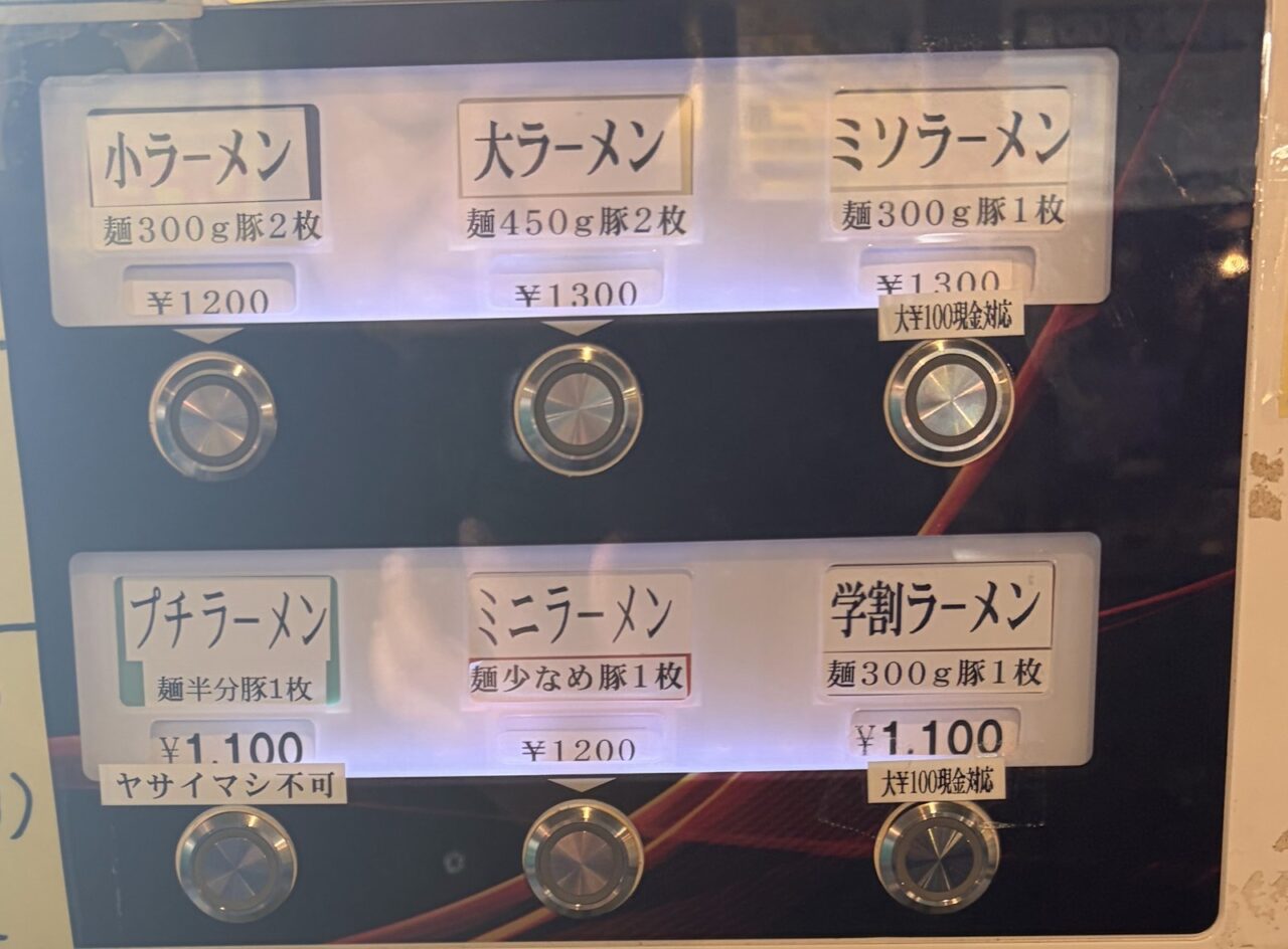 小ラーメンやミニラーメンなど6種類のボタンが並ぶ券売機の上段