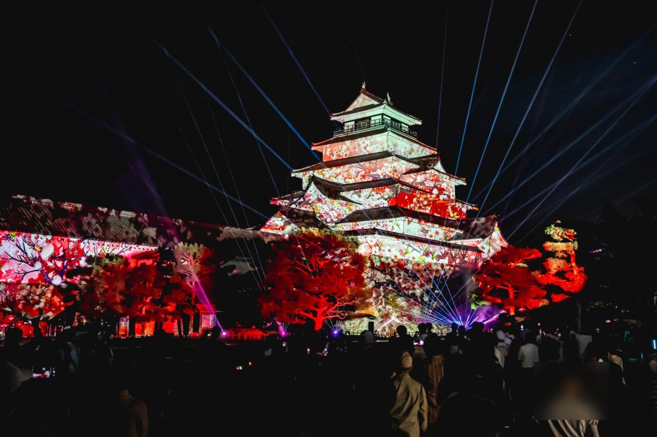 2025年のプロジェクションマッピングで桜の映像に彩られた鶴ヶ城と見物客