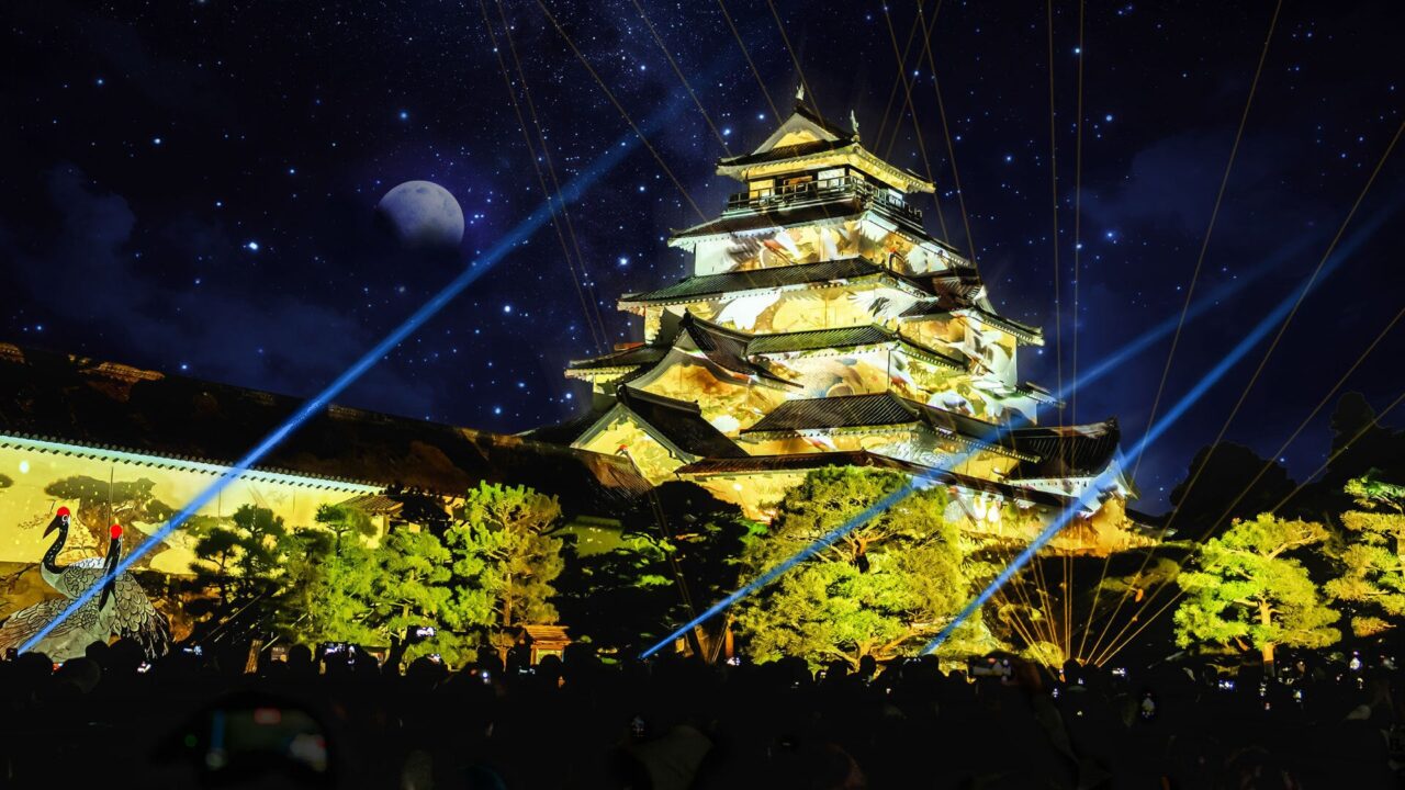 星空の下で映像が投影された鶴ヶ城の天守と、ライトアップされた松の木